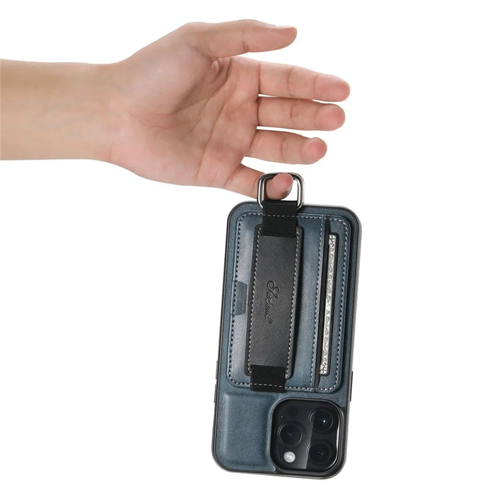 SUTENI H13 Phone Kickstand Case with Hand Strap for iPhone 14 Pro Max Card Holder Leather Coated PC + TPU Cover - Blue - 6