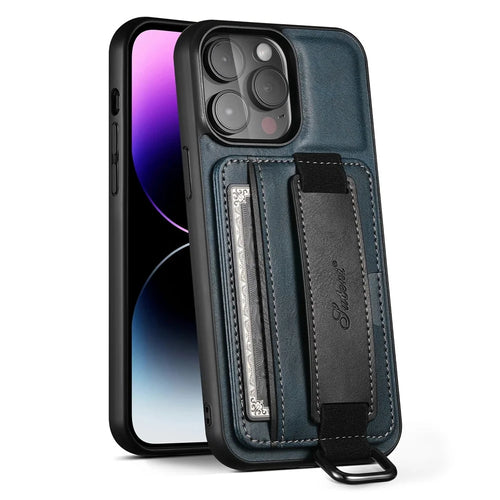 SUTENI H13 Kickstand Cell Phone Cover for iPhone 14 Pro Leather Coated PC + TPU Card Slots Phone Case with Hand Strap - Blue - 1