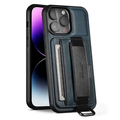 SUTENI H13 Kickstand Cell Phone Cover for iPhone 14 Pro Leather Coated PC + TPU Card Slots Phone Case with Hand Strap - Blue - 1