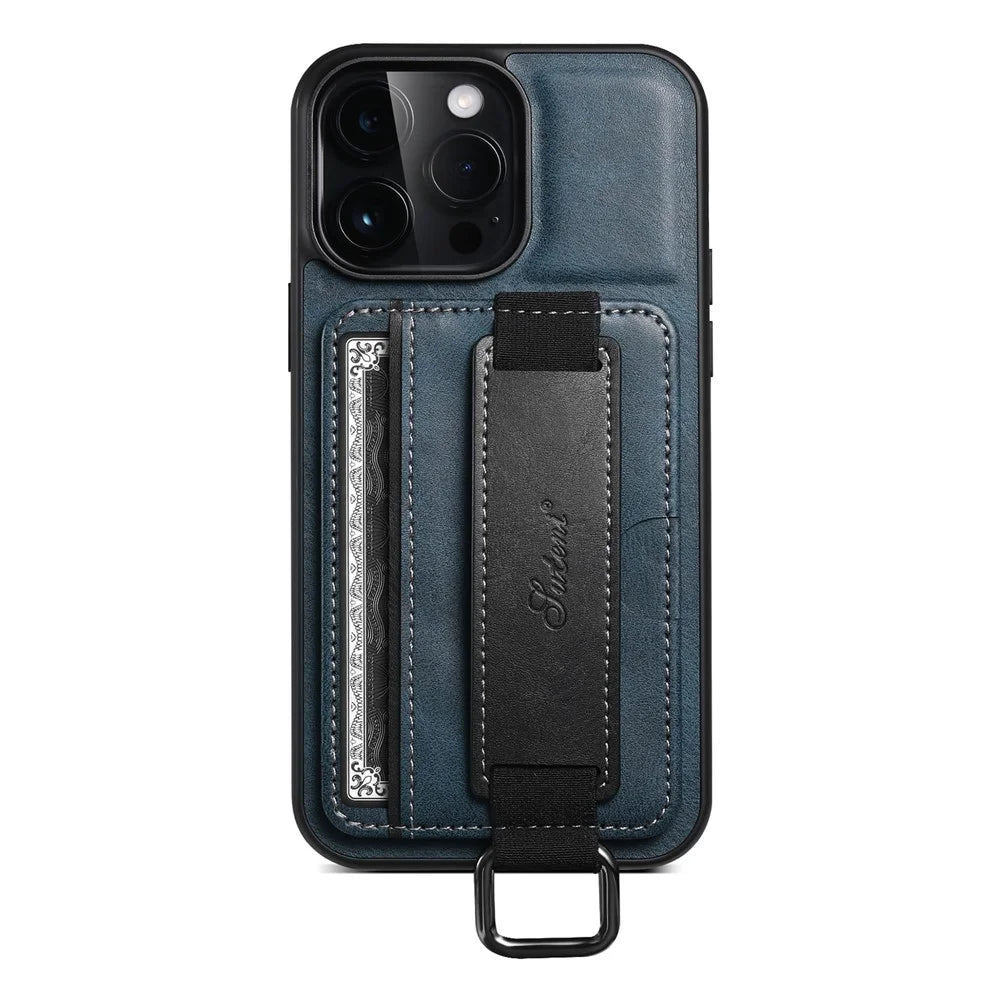 SUTENI H13 Kickstand Cell Phone Cover for iPhone 14 Pro Leather Coated PC + TPU Card Slots Phone Case with Hand Strap - Blue - 2