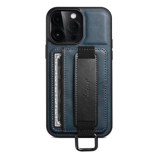SUTENI H13 Kickstand Cell Phone Cover for iPhone 14 Pro Leather Coated PC + TPU Card Slots Phone Case with Hand Strap - Blue - 2