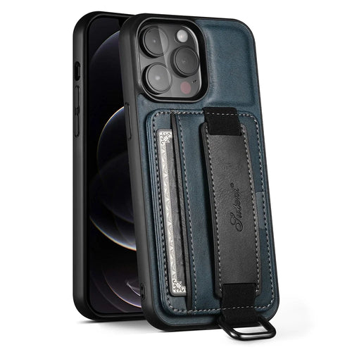 SUTENI H13 Card Holder Phone Case for iPhone 12 Pro Leather Coated PC + TPU Kickstand Phone Cover with Hand Strap - Blue - 1