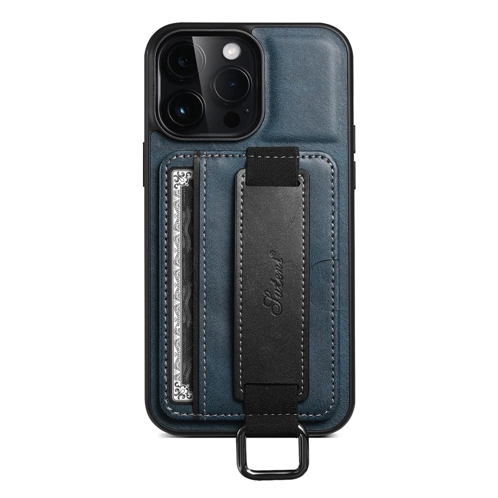 SUTENI H13 Phone Kickstand Case for iPhone 12 Pro Max Card Holder Leather Coated PC + TPU Hand Strap Phone Cover - Blue - 2