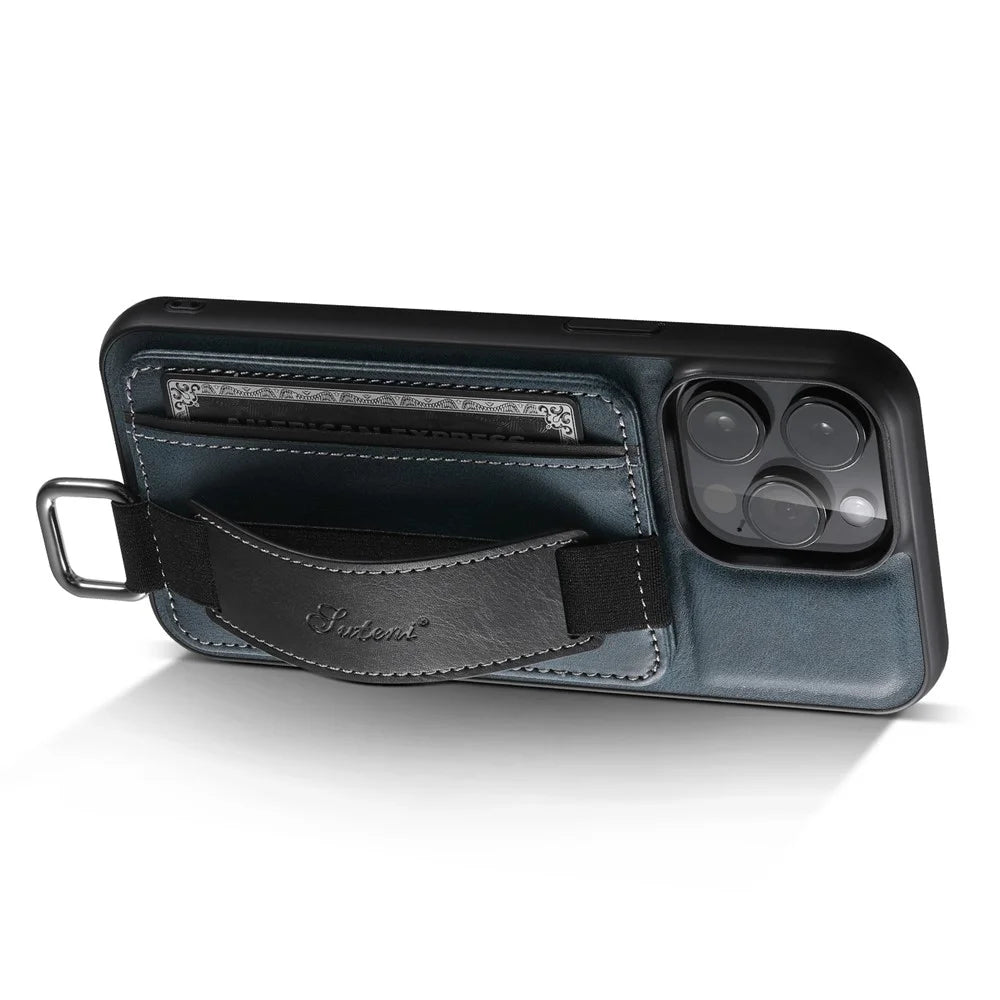 SUTENI H13 Phone Kickstand Case for iPhone 12 Pro Max Card Holder Leather Coated PC + TPU Hand Strap Phone Cover - Blue - 3