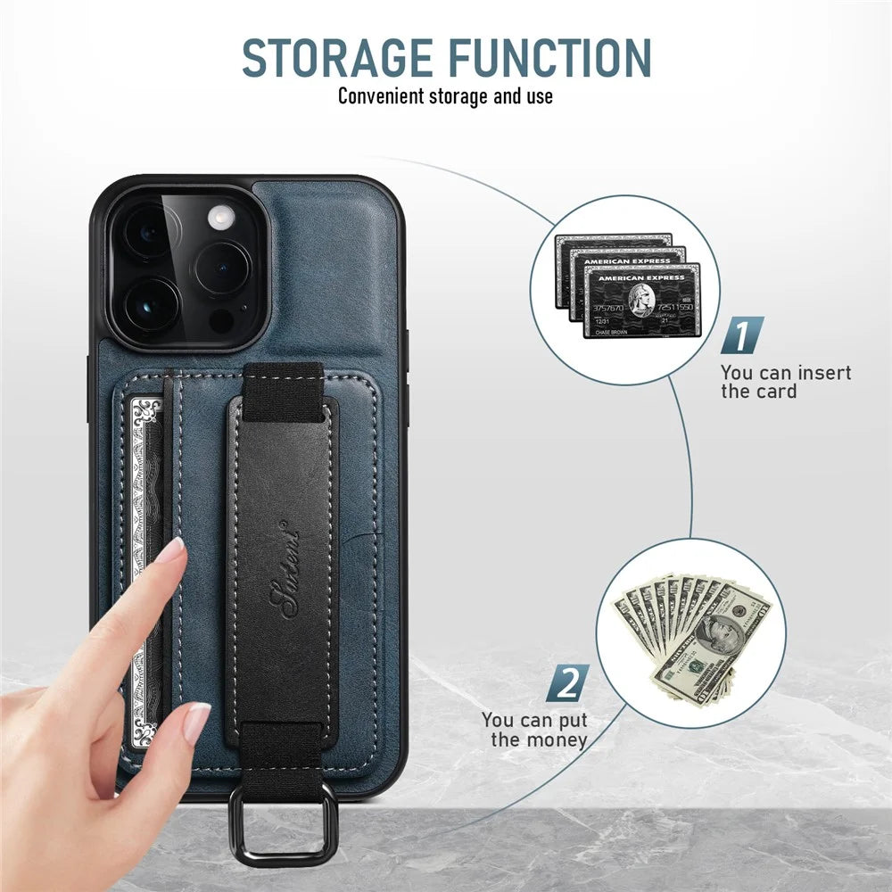 SUTENI H13 Phone Kickstand Case for iPhone 12 Pro Max Card Holder Leather Coated PC + TPU Hand Strap Phone Cover - Blue - 7
