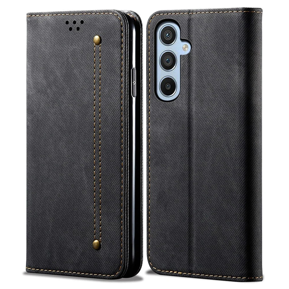 Drop-proof Phone Case For Samsung Galaxy A24 4G (162.1 x 77.6 x 8.3mm) Jeans Cloth Texture Flip Leather Cover with Stand Wallet - Black - 1