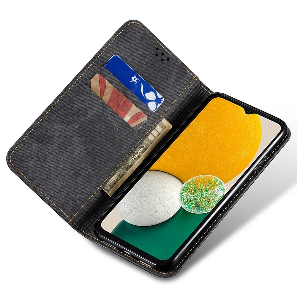 Drop-proof Phone Case For Samsung Galaxy A24 4G (162.1 x 77.6 x 8.3mm) Jeans Cloth Texture Flip Leather Cover with Stand Wallet - Black - 2