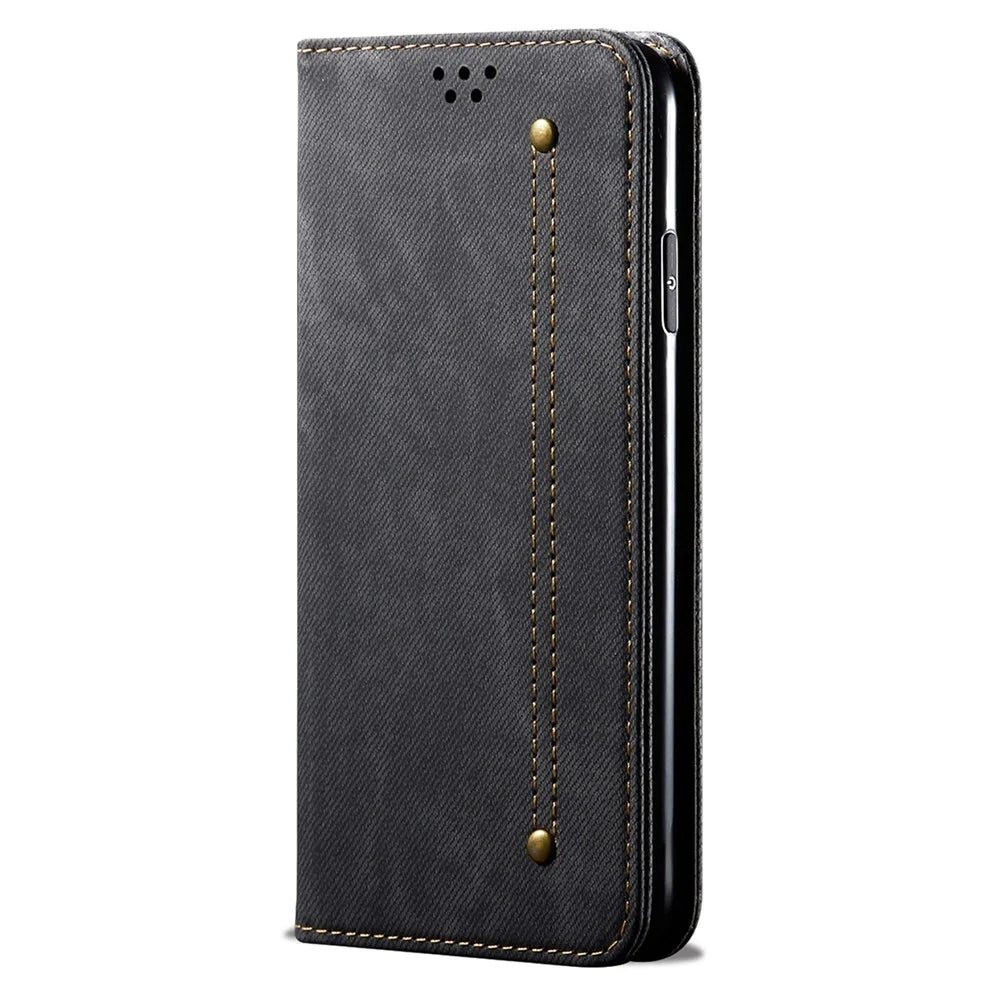 Drop-proof Phone Case For Samsung Galaxy A24 4G (162.1 x 77.6 x 8.3mm) Jeans Cloth Texture Flip Leather Cover with Stand Wallet - Black - 5