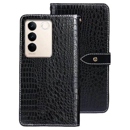 IDEWEI For vivo V27 5G Drop-proof Flip Leather Phone Cover Crocodile Texture Stand Wallet Phone Case - Black - 1