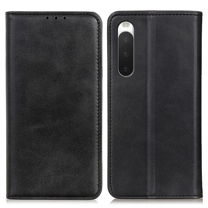Split Leather Phone Stand Case for Sony Xperia 10 V Shockproof Phone Wallet Cover - Black - 1