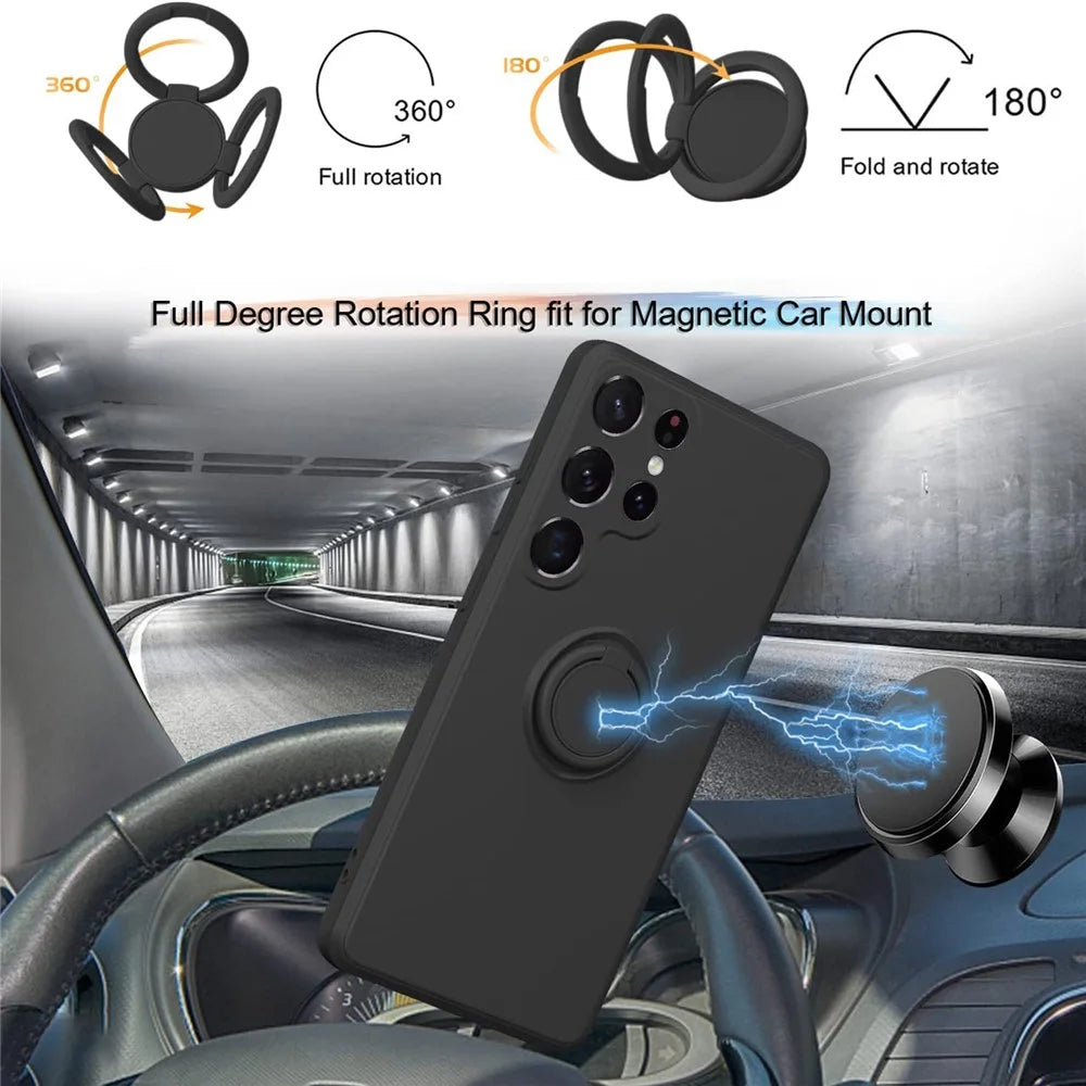 Cell Phone Case for Samsung Galaxy S23 Ultra Ring Kickstand Liquid Silicone Protective Phone Cover with Lanyard - Black - 2
