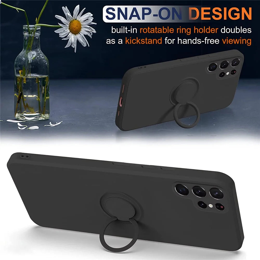 Cell Phone Case for Samsung Galaxy S23 Ultra Ring Kickstand Liquid Silicone Protective Phone Cover with Lanyard - Black - 3
