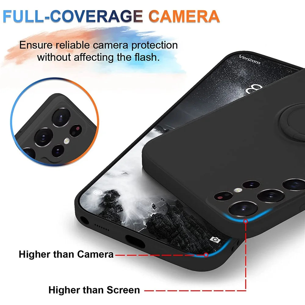 Cell Phone Case for Samsung Galaxy S23 Ultra Ring Kickstand Liquid Silicone Protective Phone Cover with Lanyard - Black - 4