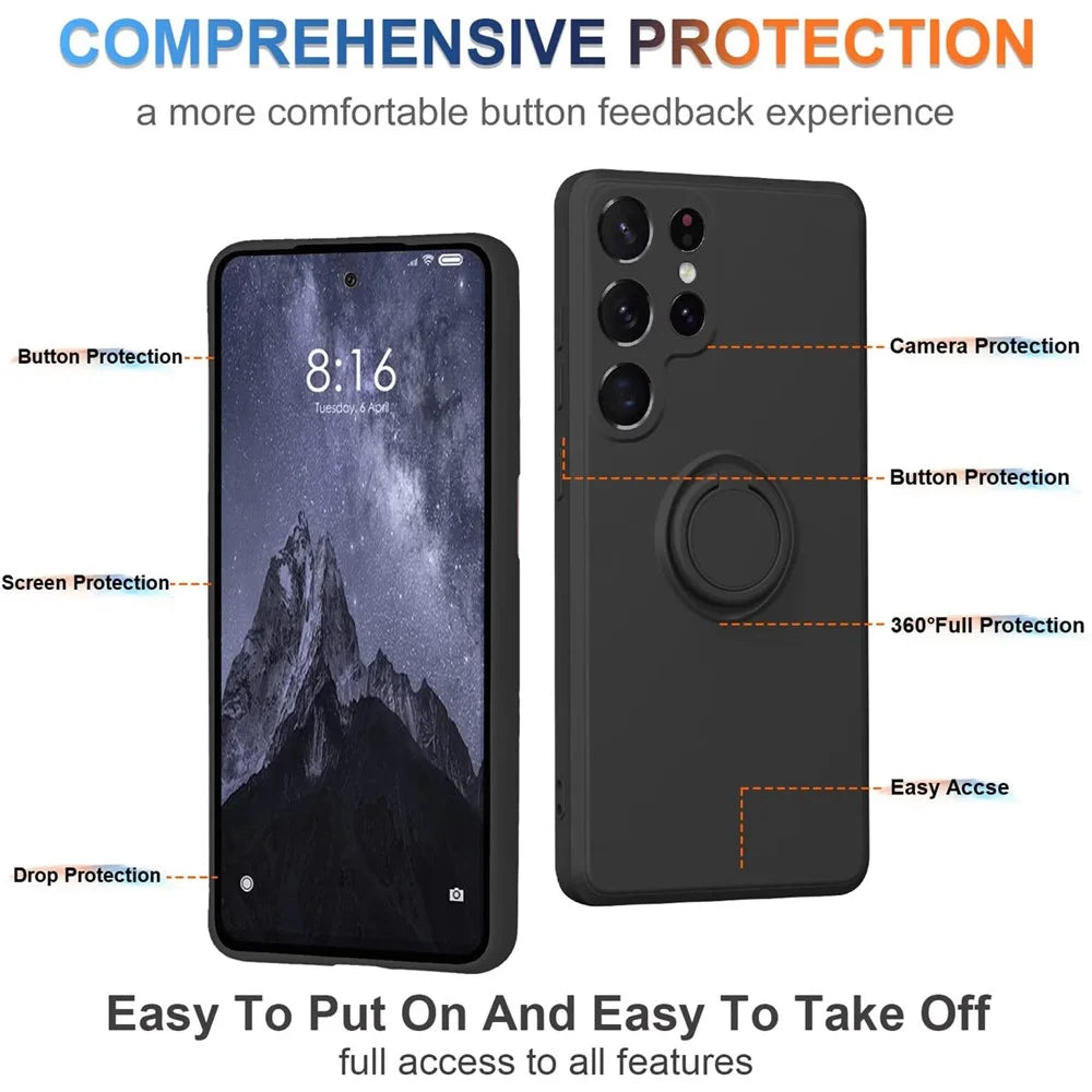 Cell Phone Case for Samsung Galaxy S23 Ultra Ring Kickstand Liquid Silicone Protective Phone Cover with Lanyard - Black - 5
