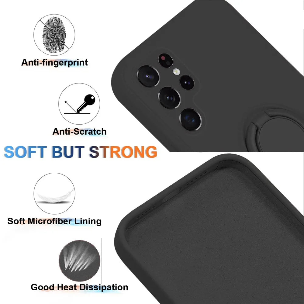 Cell Phone Case for Samsung Galaxy S23 Ultra Ring Kickstand Liquid Silicone Protective Phone Cover with Lanyard - Black - 7