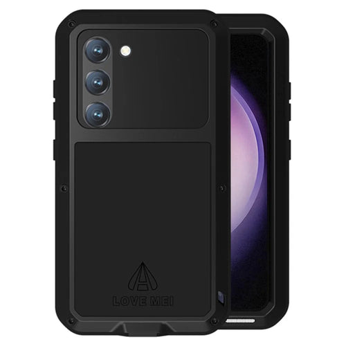 LOVE MEI For Samsung Galaxy S23 Shockproof Anti-drop Phone Case with Tempered Glass Film Silicone + Metal Cover - Black - 1