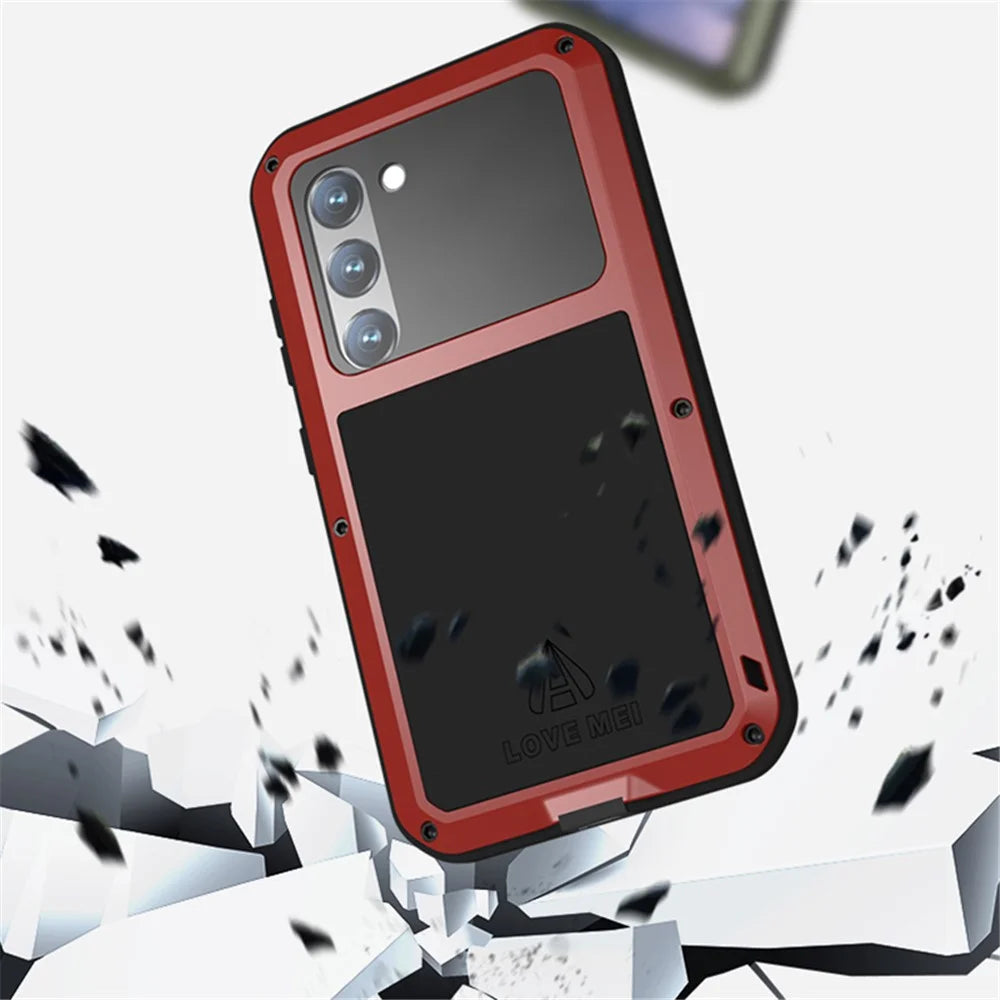 LOVE MEI For Samsung Galaxy S23 Shockproof Anti-drop Phone Case with Tempered Glass Film Silicone + Metal Cover - Black - 3