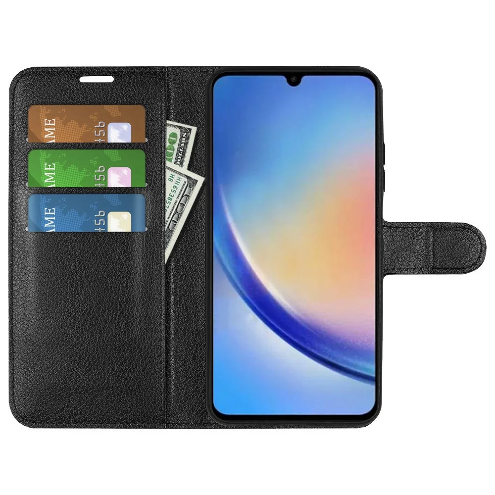 Shockproof Phone Case For Samsung Galaxy A34 5G Litchi Texture Flip Wallet Phone Cover with Stand - Black - 2