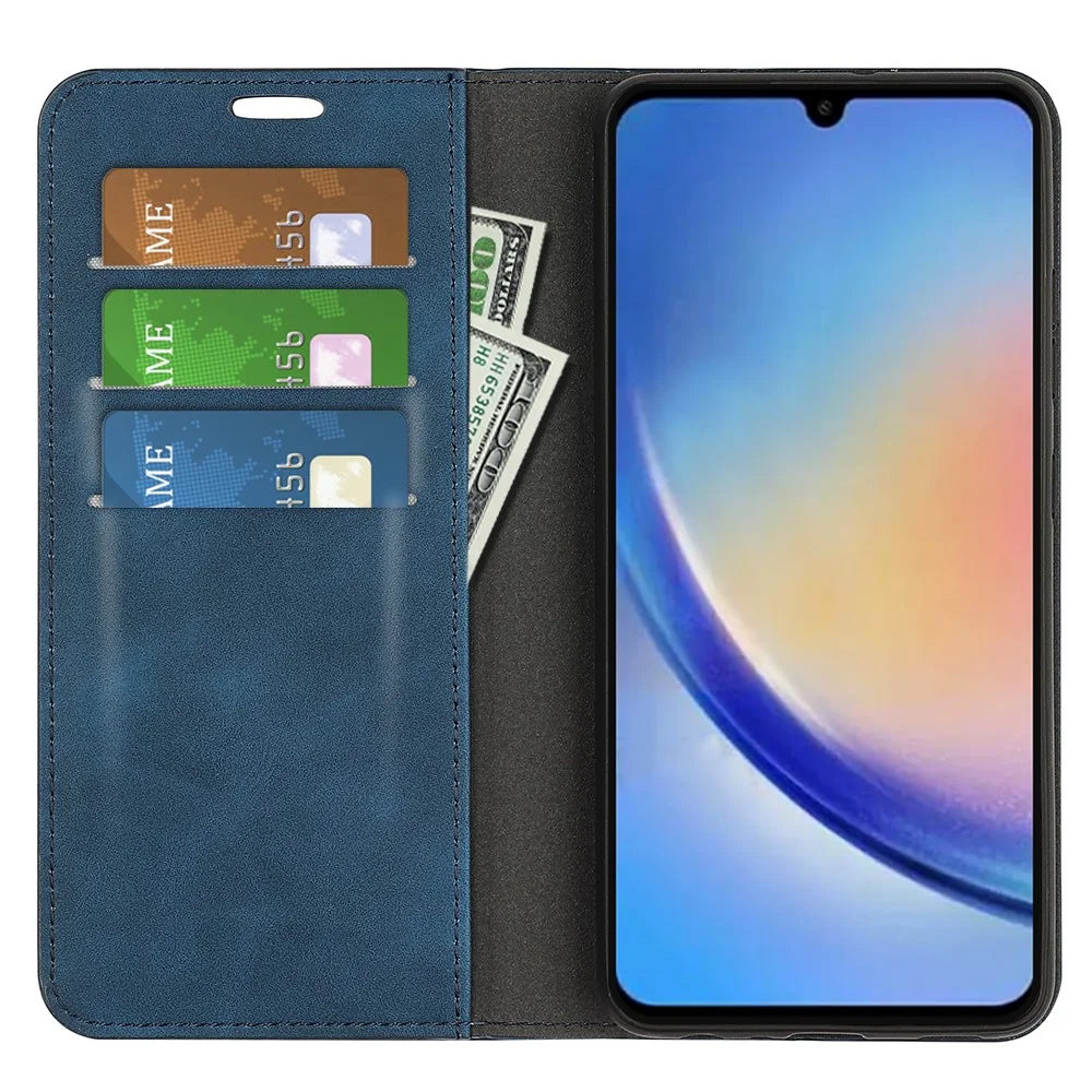 For Samsung Galaxy A34 5G Skin-touch Wallet Case PU Leather Flip Stand Phone Cover - Blue - 2