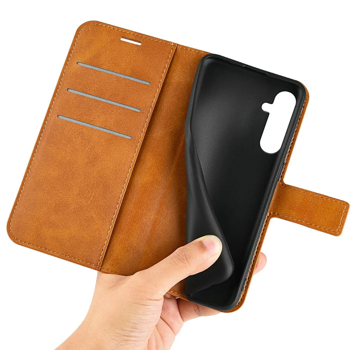 For Samsung Galaxy A34 5G Folio Flip Phone Case Calf Texture Stand Wallet Cover - Yellow - 4