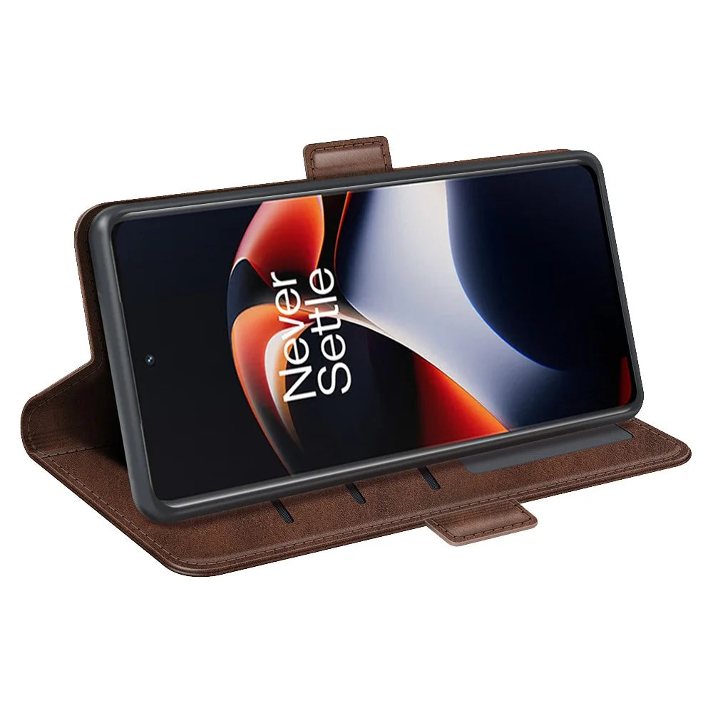 For OnePlus Ace 2 5G / 11R 5G Calf Texture Magnetic Flip Phone Cover Stand Wallet Leather Case - Brown - 3