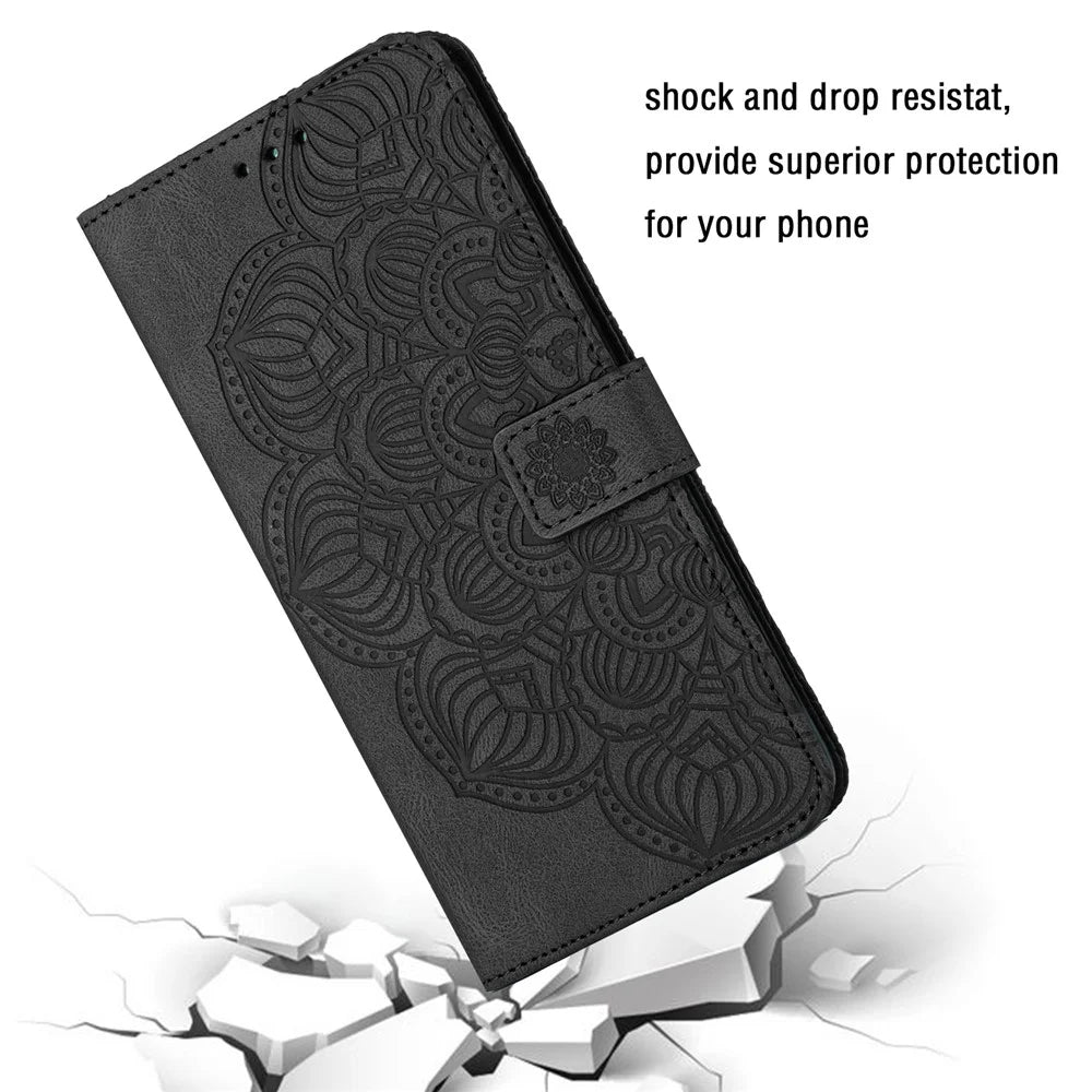 Flip Leather Phone Case For Samsung Galaxy A24 4G (162.1 x 77.6 x 8.3mm) Imprinting Mandala Flower Phone Wallet Cover Stand - Black - 6