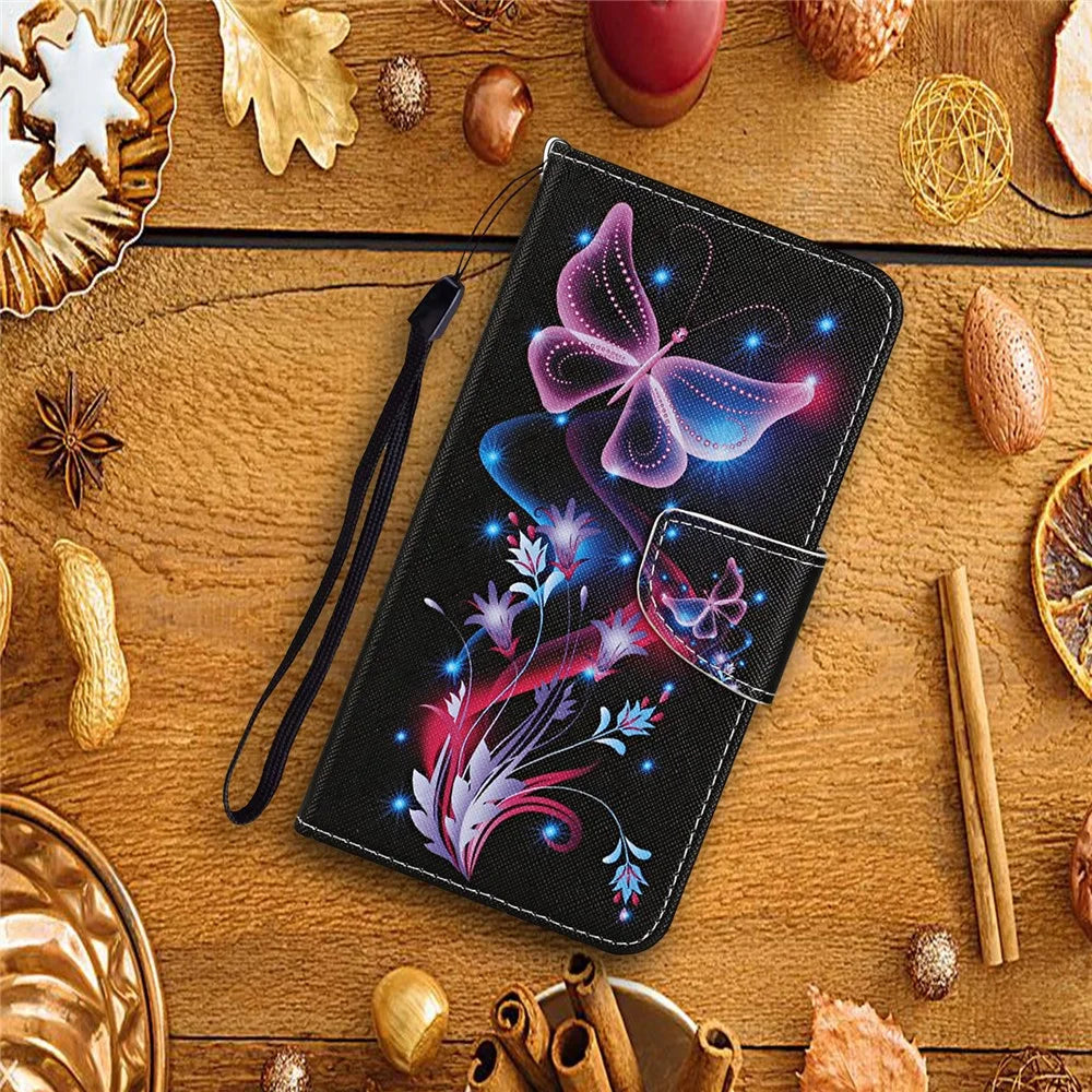 For Samsung Galaxy A24 4G (162.1 x 77.6 x 8.3mm) Wallet Phone Case PU Leather Pattern Printing Stand Flip Cover - Fluorescent Butterflies - 6
