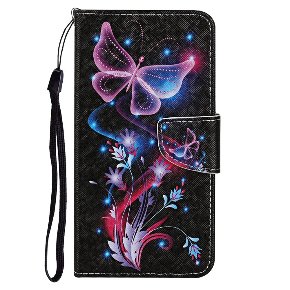 For Samsung Galaxy A24 4G (162.1 x 77.6 x 8.3mm) Wallet Phone Case PU Leather Pattern Printing Stand Flip Cover - Fluorescent Butterflies - 7