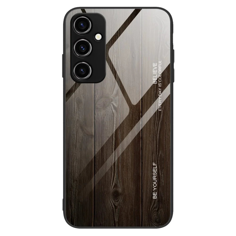 For Samsung Galaxy A34 5G Wooden Pattern Anti-scratch Tempered Glass Phone Case TPU Frame Protective Cover - Black - 1