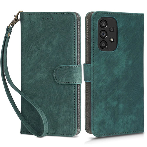 For Samsung Galaxy A73 5G RFID Blocking Leather Anti-drop Phone Case Flip Stand Wallet Cover with Hand Strap - Green - 1