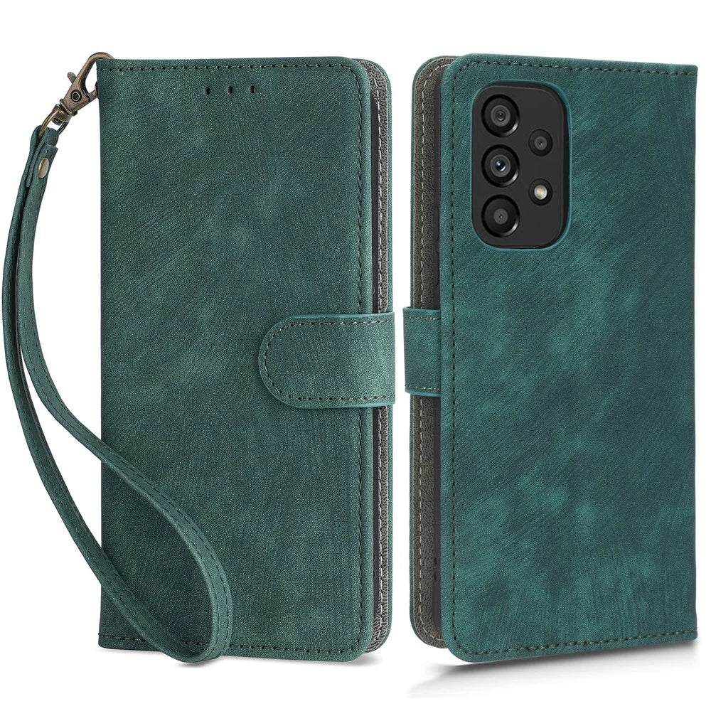 For Samsung Galaxy A73 5G RFID Blocking Leather Anti-drop Phone Case Flip Stand Wallet Cover with Hand Strap - Green - 1