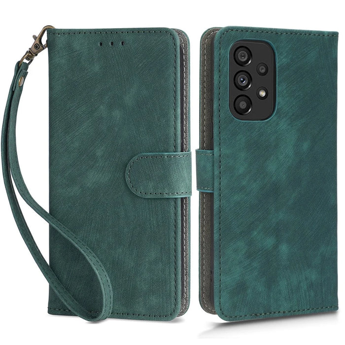 For Samsung Galaxy A73 5G RFID Blocking Leather Anti-drop Phone Case Flip Stand Wallet Cover with Hand Strap - Green - 1