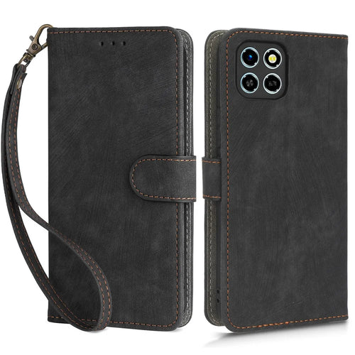 Drop-Proof Phone Case for Infinix Smart 6 HD 4G X6512 , PU Leather Stand RFID Blocking Wallet Cover with Strap - Black - 1