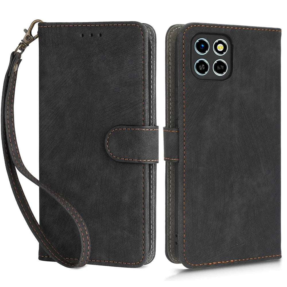 Drop-Proof Phone Case for Infinix Smart 6 HD 4G X6512 , PU Leather Stand RFID Blocking Wallet Cover with Strap - Black - 1