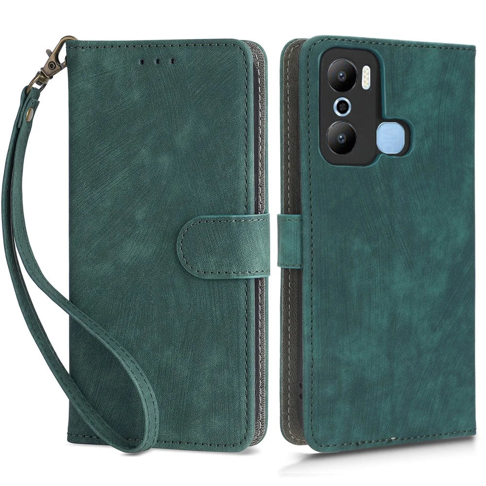 For Infinix Hot 20 Play 4G X6825 RFID Blocking Full Protection Leather Phone Case Anti-Drop Stand Wallet Cover with Strap - Green - 1