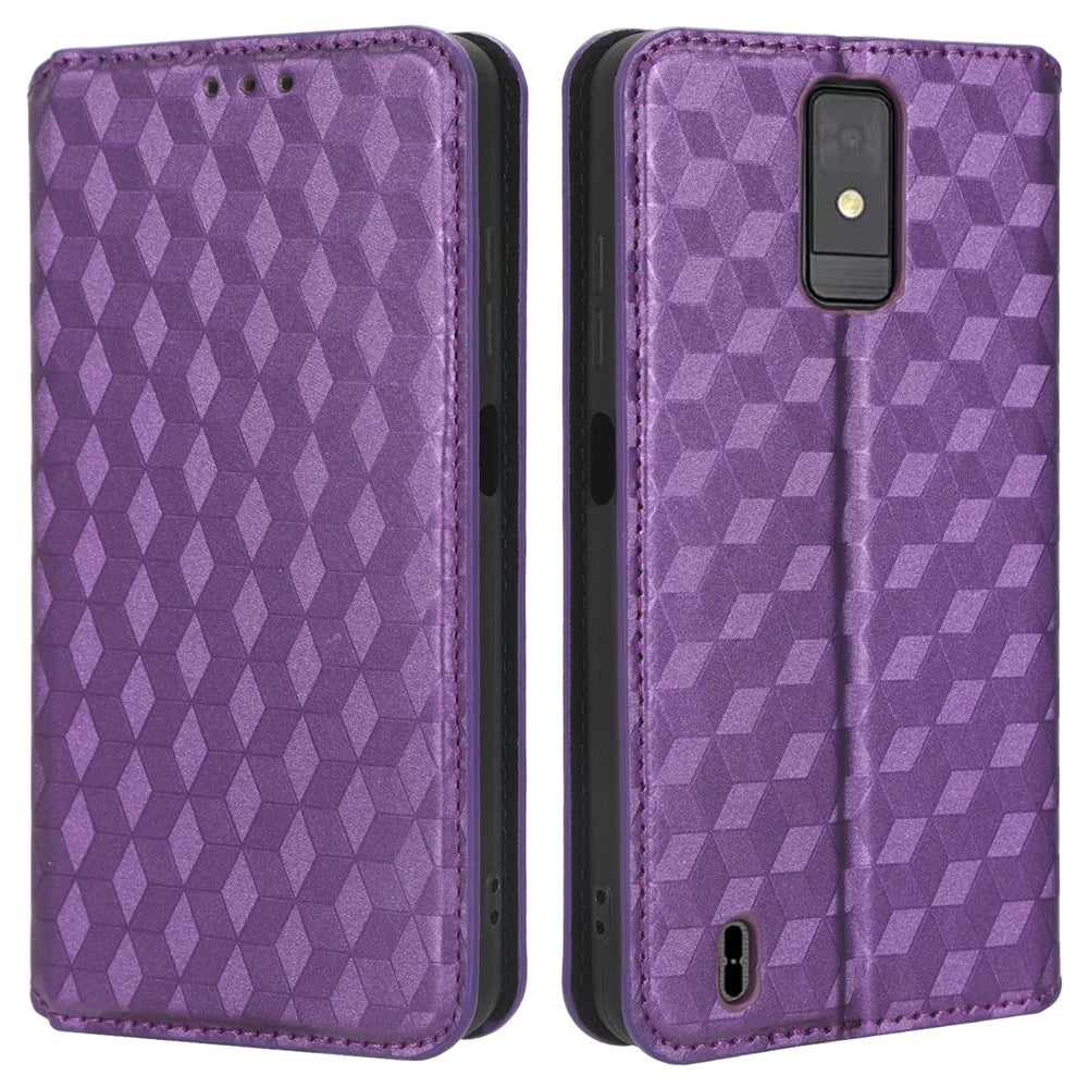 For ZTE Blade A32 Phone Leather Case Imprinted Rhombus Pattern Wallet Stand Protective Phone Cover - Purple - 1