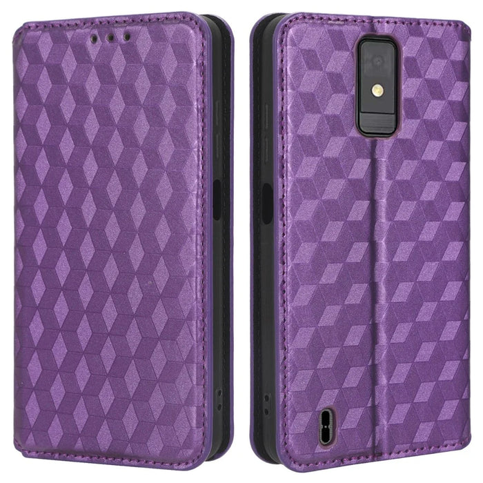 For ZTE Blade A32 Phone Leather Case Imprinted Rhombus Pattern Wallet Stand Protective Phone Cover - Purple - 1