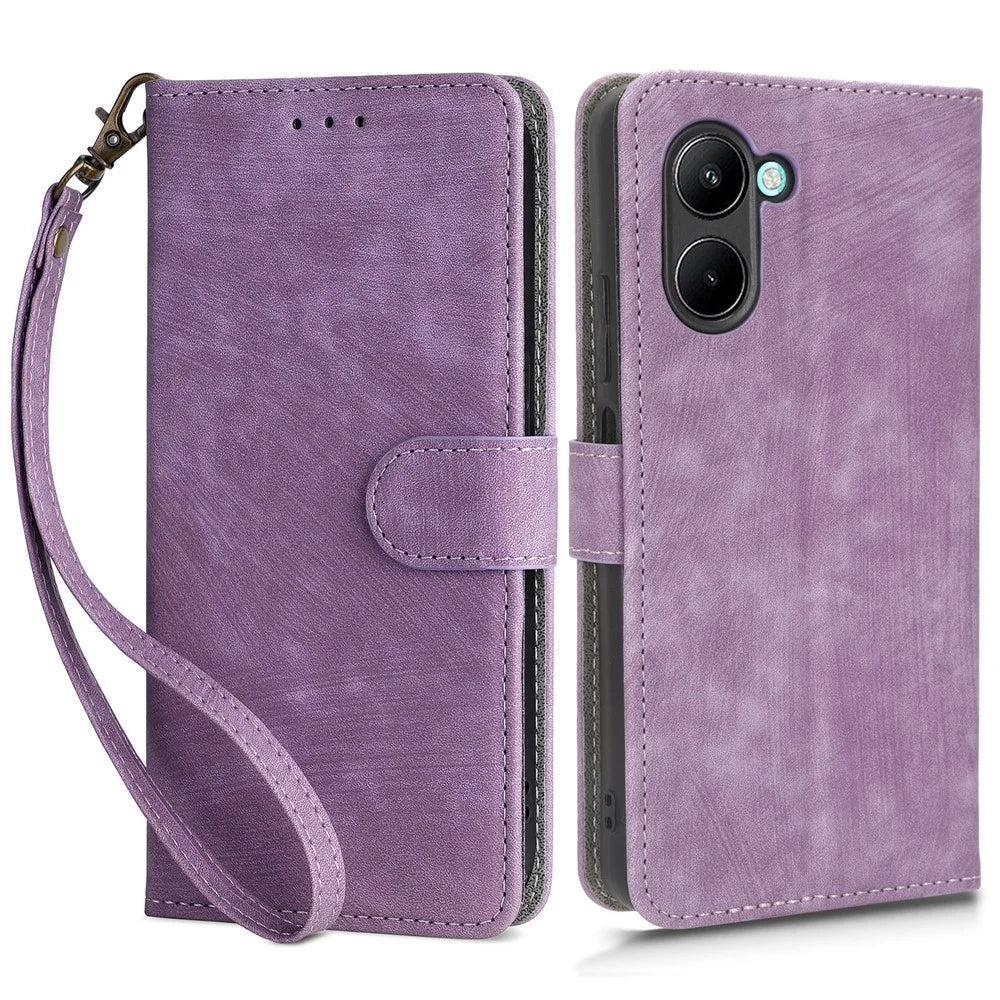 For Realme C33 2023 4G / C33 4G PU Leather RFID Blocking Phone Case Stand Wallet Cell Phone Cover with Strap - Purple - 1
