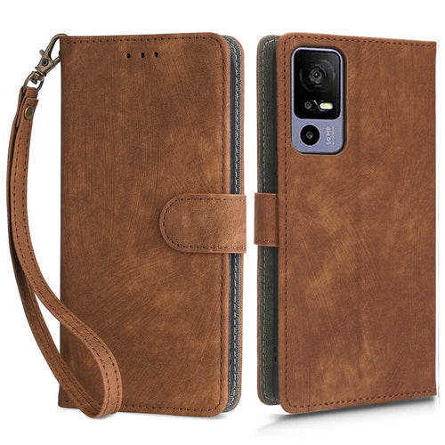 RFID Blocking Phone Case for TCL 40R 5G , Wallet Stand Leather Phone Cover with Strap - Brown - 1