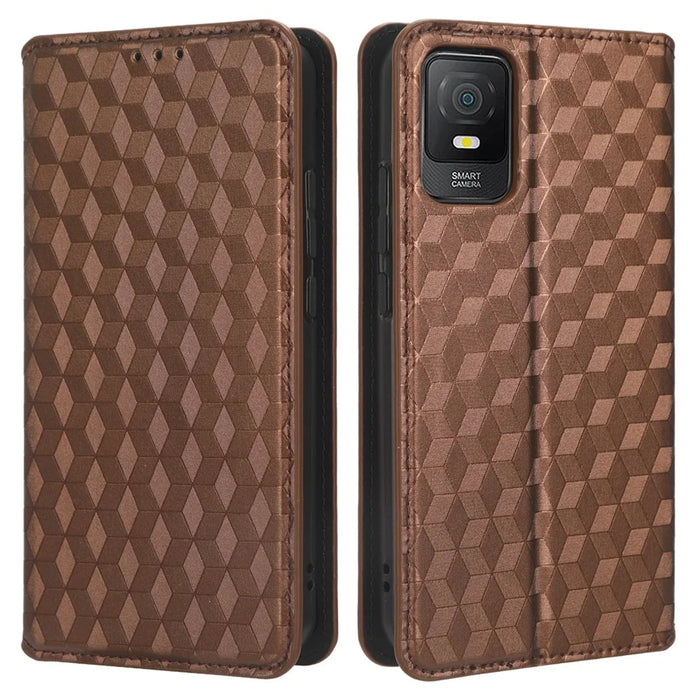 PU Leather Phone Stand Case for TCL 403 , Imprinted Rhombus Pattern Wallet Cell Phone Cover - Brown - 1