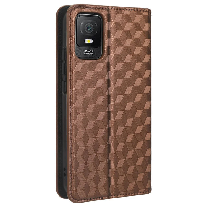 PU Leather Phone Stand Case for TCL 403 , Imprinted Rhombus Pattern Wallet Cell Phone Cover - Brown - 7