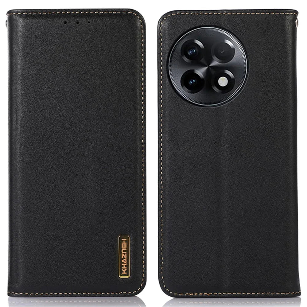 KHAZNEH for OnePlus Ace 2 5G / 11R 5G Phone Case Wallet Stand RFID Blocking Genuine Cowhide Leather Phone Cover - Black - 1
