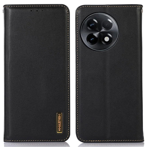 KHAZNEH for OnePlus Ace 2 5G / 11R 5G Phone Case Wallet Stand RFID Blocking Genuine Cowhide Leather Phone Cover - Black - 1