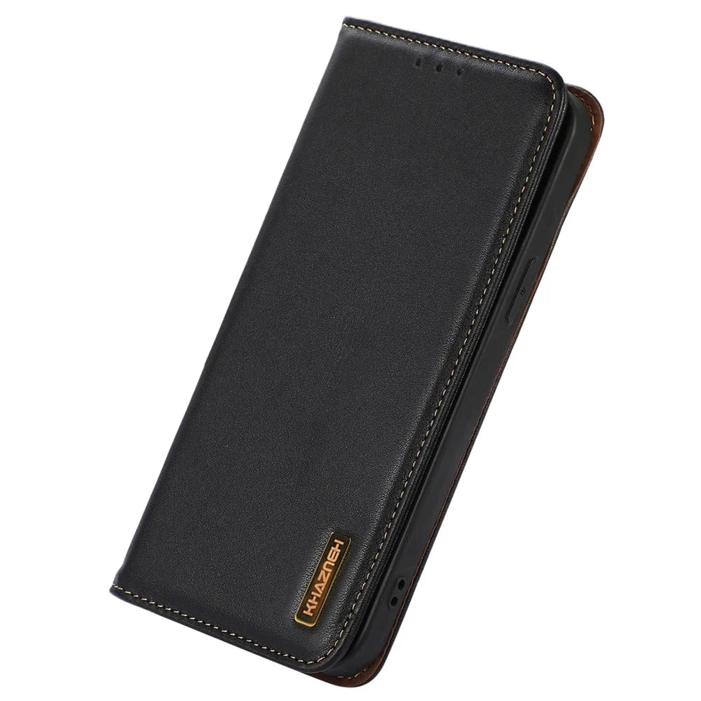 KHAZNEH for OnePlus Ace 2 5G / 11R 5G Phone Case Wallet Stand RFID Blocking Genuine Cowhide Leather Phone Cover - Black - 5