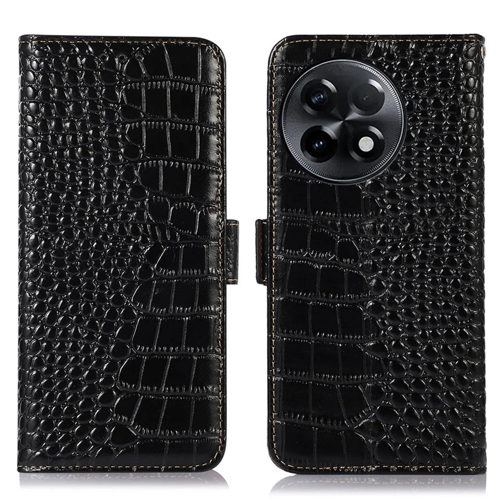 RFID Blocking Phone Case for OnePlus Ace 2 5G / 11R 5G Genuine Cowhide Leather Phone Stand Wallet Cover - Black - 1