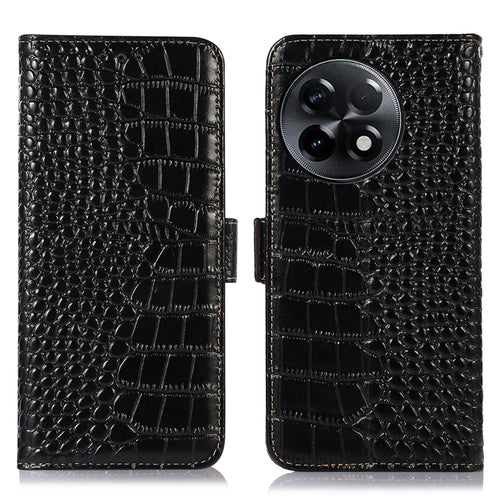 RFID Blocking Phone Case for OnePlus Ace 2 5G / 11R 5G Genuine Cowhide Leather Phone Stand Wallet Cover - Black - 1
