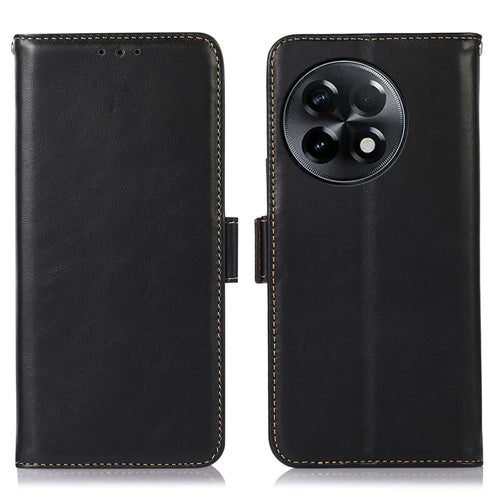 For OnePlus Ace 2 5G / 11R 5G RFID Blocking Phone Cover Stand Wallet Genuine Cowhide Leather Case - Black - 1