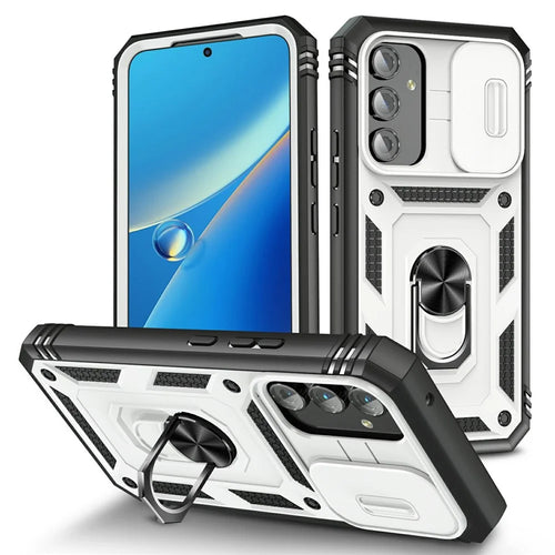 For Samsung Galaxy A54 5G PC TPU Case Kickstand Shockproof Cover with Card Slot, Lens Guard - White / Black - 1