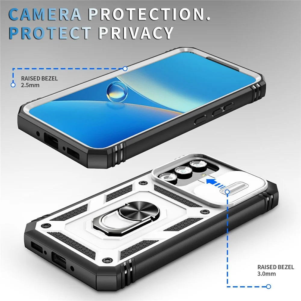 For Samsung Galaxy A54 5G PC TPU Case Kickstand Shockproof Cover with Card Slot, Lens Guard - White / Black - 4