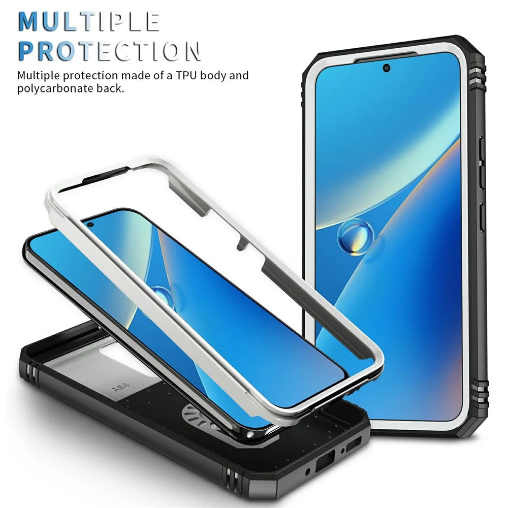 For Samsung Galaxy A54 5G PC TPU Case Kickstand Shockproof Cover with Card Slot, Lens Guard - White / Black - 6